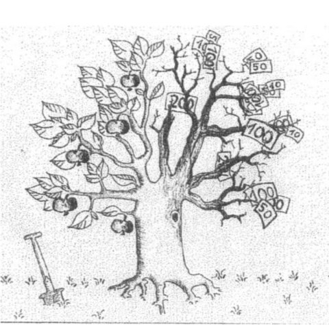 gezeichneter knorriger Baum, linke Hälfte mit Äpfeln und Blättern, rechte Hälfte verkahlt mit Geldscheinen als Früchten